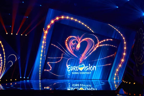 KYIV, UKRAINE - FEBRUARY 23, 2019: Logo Eurovision 2019 national selection during the Eurovision-2019 — Stock Photo, Image