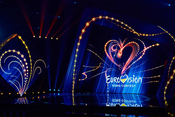 KYIV, UKRAINE - FEBRUARY 23, 2019: Logo Eurovision 2019 national selection during the Eurovision-2019