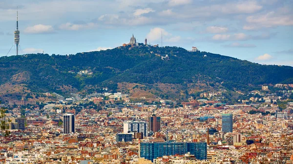 Top view of Barcelona from Montjuic hill in cloudy day. Catalonia — стокове фото