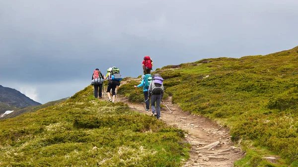 The group of hikers walking in mountains — Stock Photo, Image