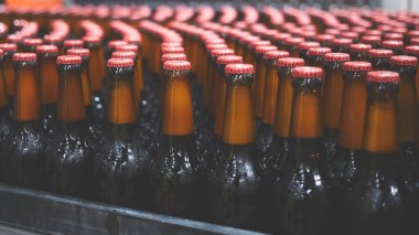 Konveyör bandında bira şişeleri. Sığ DOF. Seçici odak.