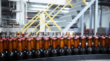 Konveyör bandında bira şişeleri. Sığ DOF. Seçici odak.