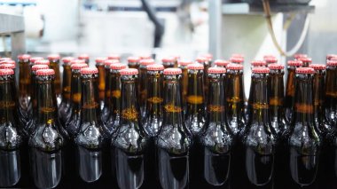 Konveyör bandında bira şişeleri. Sığ DOF. Seçici odak.