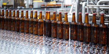 Konveyör bandında bira şişeleri. Sığ DOF. Seçici odak.