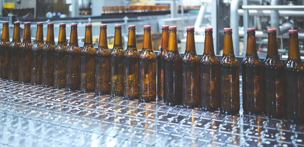 Beer bottles on the conveyor belt. Shallow dof. Selective focus. — Stock Photo, Image