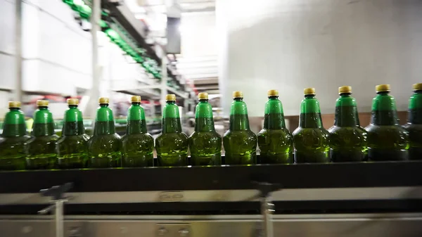 Garrafas de plástico para cerveja ou bebida carbonatada movendo-se em transportador. DOF superficial. Foco seletivo . — Fotografia de Stock