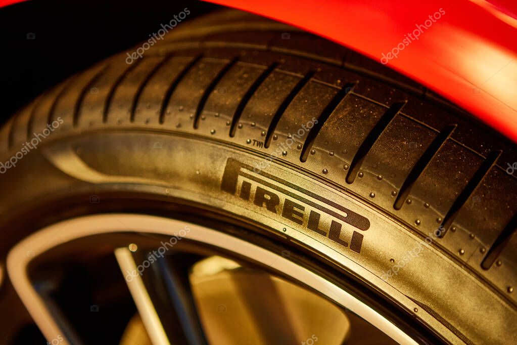 Kyiv, Ukraine - October 02, 2019: Logo Pirelli on the wet tire