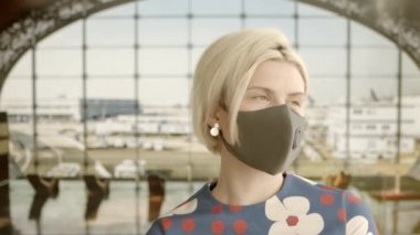 Evde maskeli bir kadın seyahat ediyormuş gibi yapıyor. Arka plandaki TV ekranında poz vermek. 2020 yaz karantina seyahati. Evde kal ve sosyal mesafeyi koru