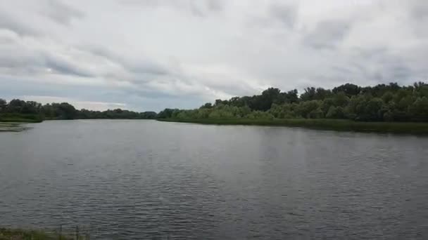 Time Lapse utsikt över floden och molnen som löper ovanför den innan regnet, mörkblå och skogen mittemot — Stockvideo