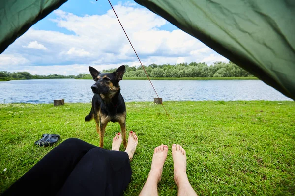 Dois pares de pernas sobressaem da tenda em um prado de clareira gramado e perto do rio. — Fotografia de Stock