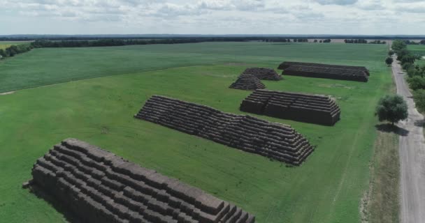 Вид с воздуха на большие пирамиды, сделанные из прямоугольных стогов сена — стоковое видео