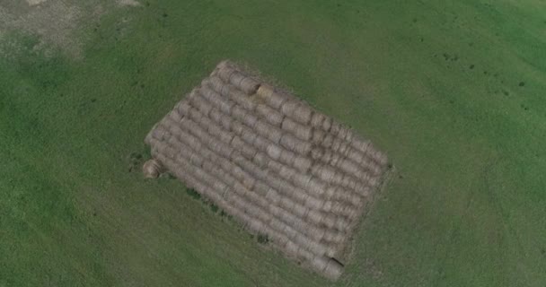 Vue aérienne de grandes pyramides faites de meules de foin rectangulaires — Video