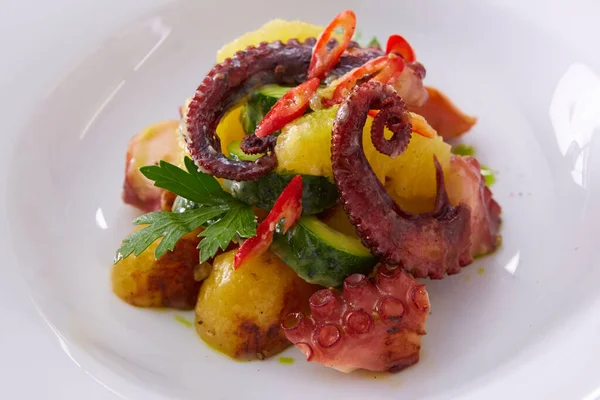 Whole octopus salad with orange and cress salad on white plate. Shallow dof — Stock Photo, Image