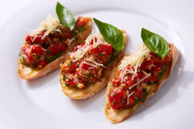 İtalyan domates bruschetta ile doğranmış sebzeler, otlar ve yağlı ızgara veya kızarmış ciabatta ekmeği..