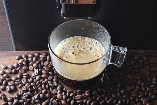 Coffee Glass Coffee Beans Stone Background Coffee Machine — Stock Photo, Image