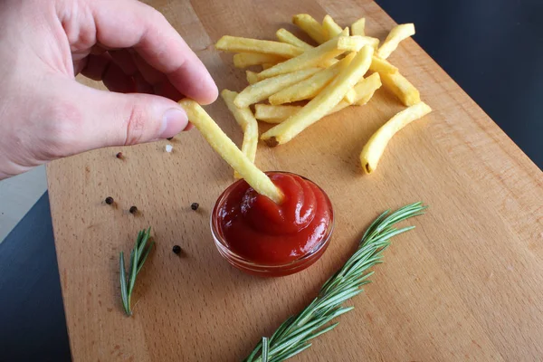 French Fries Ketchup Wooden Background — Stock Photo, Image