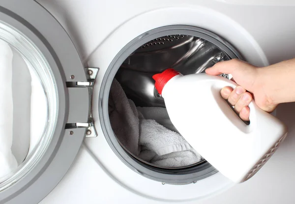 Liquid Detergent Bottle Pour Washing Machine Hand — Stock Photo, Image