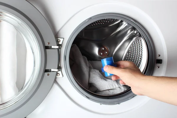 Fabric Softener Washing Machine Pour Hand — Stock Photo, Image