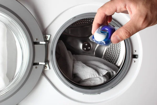 Detergent Capsule Washing Machine Hand — Stock Photo, Image
