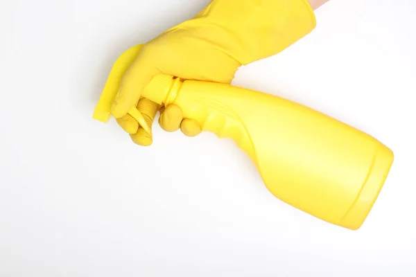 Hand Yellow Glove Yellow Bottle Sprayer — Stock Photo, Image