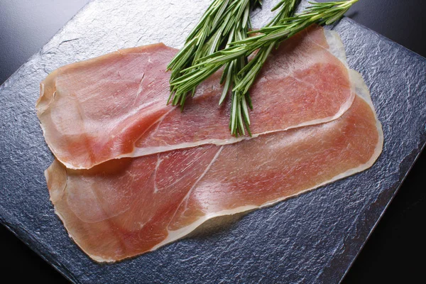 Prosciutto Jamon Ham Stone Background Rosemary — Stock Photo, Image