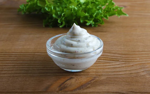 Mayonnaise Sauce Sour Cream Wooden Background — Stock Photo, Image