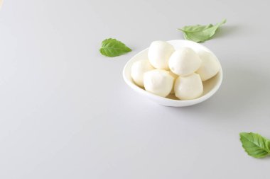 ışık gri fesleğen arka plan üzerinde Mozzarella peyniri
