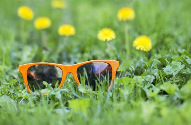 Yaz, tatil arka plan - turuncu güneş gözlüğü ve karahindiba çim