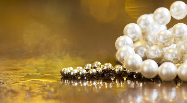 Christmas shopping, gift jewelry for wome, white pearls - gold web banner, background