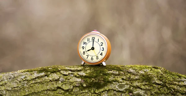 Daylight savings time - web banner of an alarm clock as standing on a wood