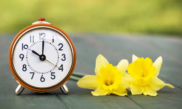 夏時間 春の転送 ウェブ レトロな目覚まし時計とイースター花のバナー — ストック写真