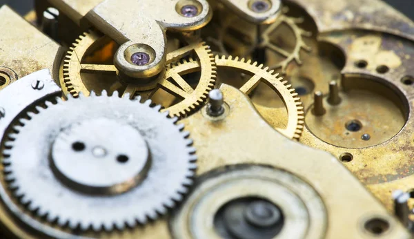 Vintage business clock close-up, mecanismo de tiempo con engranajes de metal — Foto de Stock