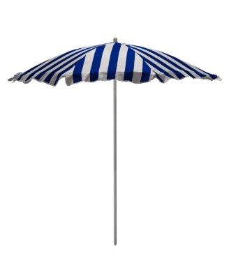 Mavi-Beyaz çizgili plaj şemsiyesi üzerinde beyaz izole. Kırpma yolu dahil.