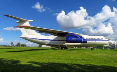 Minsk, Belarus - July 14, 2018: Il-76 (Ilyushin) aircraft in the open air museum of old civil aviation near Minsk airport. The Ilyushin Il-76 was built in the Soviet Union. clipart