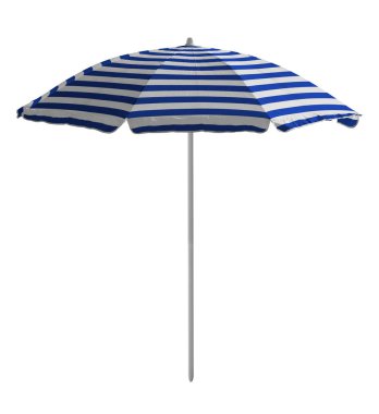 Mavi-Beyaz çizgili plaj şemsiyesi üzerinde beyaz izole. Kırpma yolu dahil.