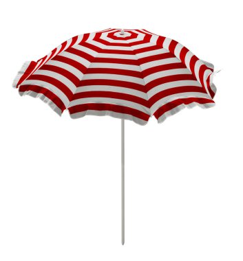 Beyaz izole kırmızı-beyaz çizgili plaj şemsiyesi. Kırpma yolu dahil.