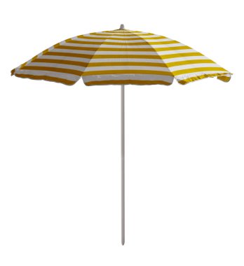 Beyaz izole sarı-beyaz çizgili plaj şemsiyesi. Kırpma yolu dahil.