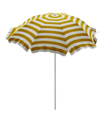 Beyaz izole sarı-beyaz çizgili plaj şemsiyesi. Kırpma yolu dahil.