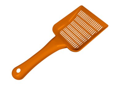 Beyaz arka plan üzerinde izole tuvalet için turuncu plastik kepçe. Kırpma yolu dahil.