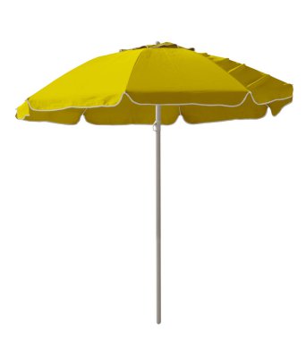 Beyaz izole sarı plaj şemsiyesi. Kırpma yolu dahil.