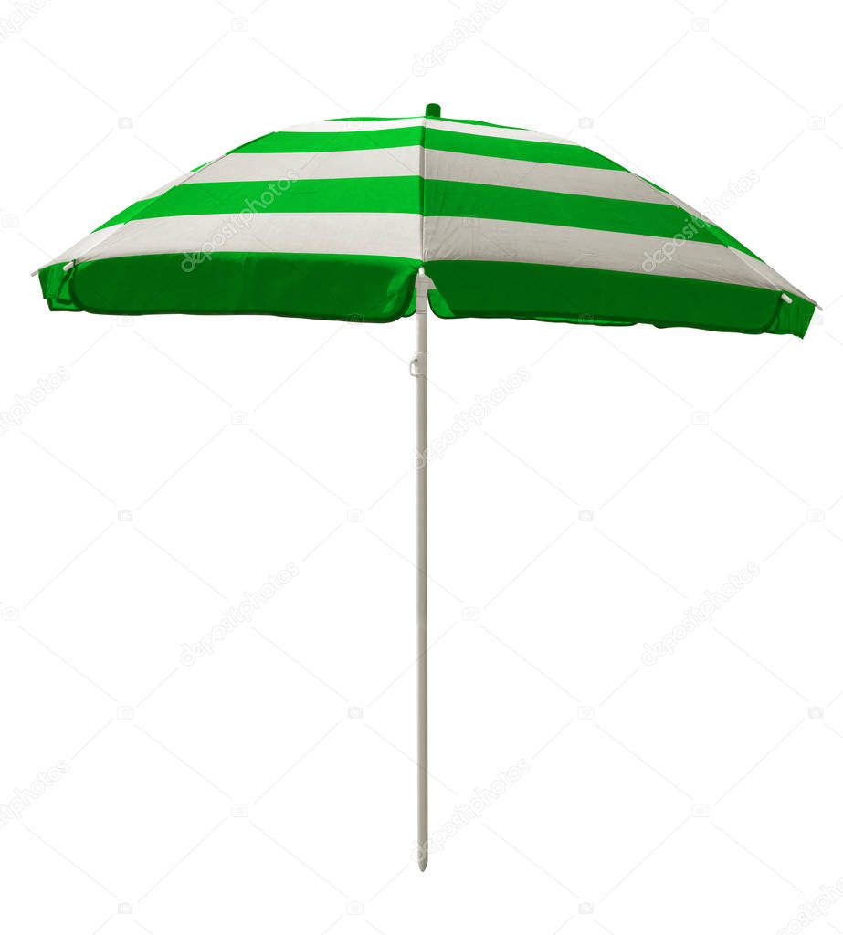 Green striped beach umbrella isolated on white. Clipping path included.