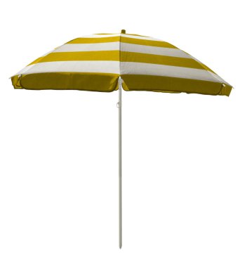 Beyaz izole sarı çizgili plaj şemsiyesi. Kırpma yolu dahil.