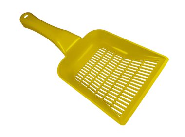 Beyaz arka plan üzerinde izole tuvalet için sarı plastik kepçe. Kırpma yolu dahil.