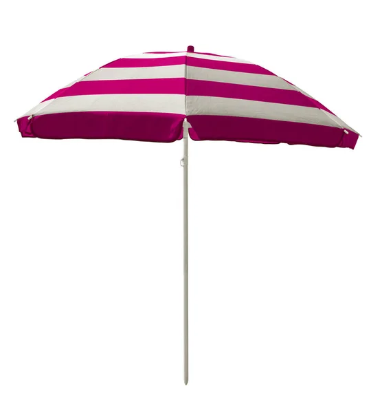 粉红色的条纹的沙滩伞上白色孤立 剪切路径包括 — 图库照片