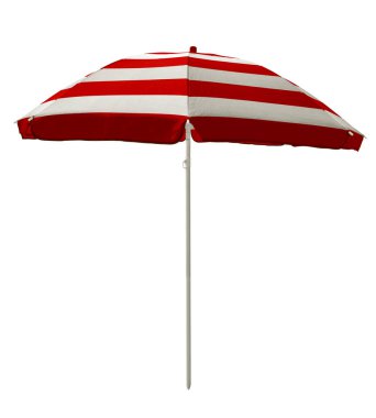 Beyaz izole Kırmızı şeritli plaj şemsiyesi. Kırpma yolu dahil.