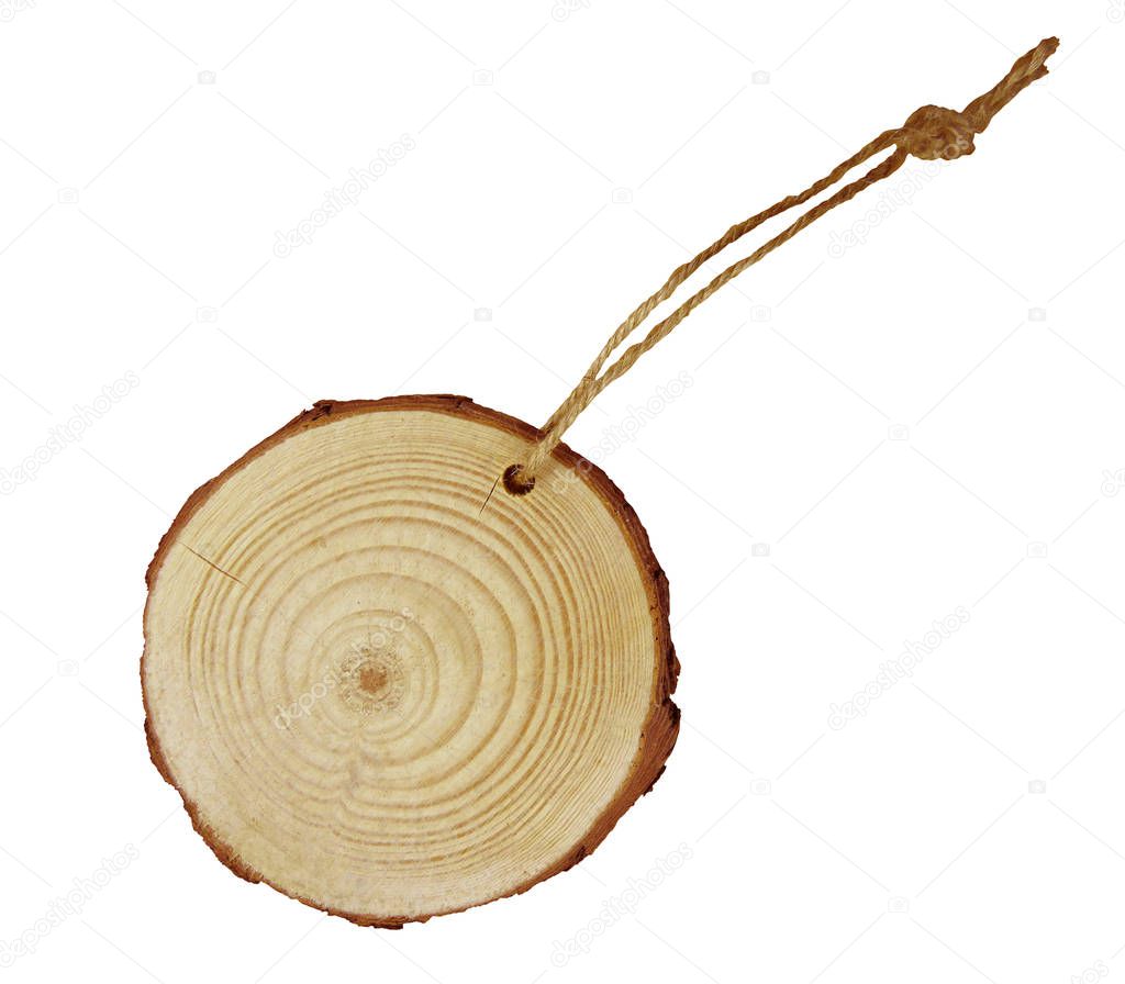 Wooden tag from cross section of trunk isolated on white background with Clipping Path