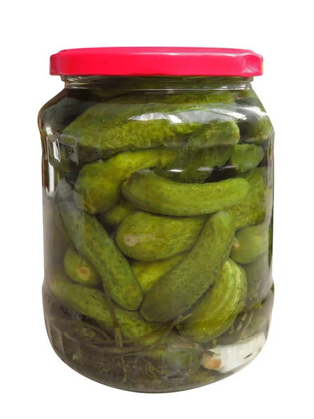 Glass Jar Pickled Cucumbers Isolated White Background Clipping Path Included — Stock Photo, Image