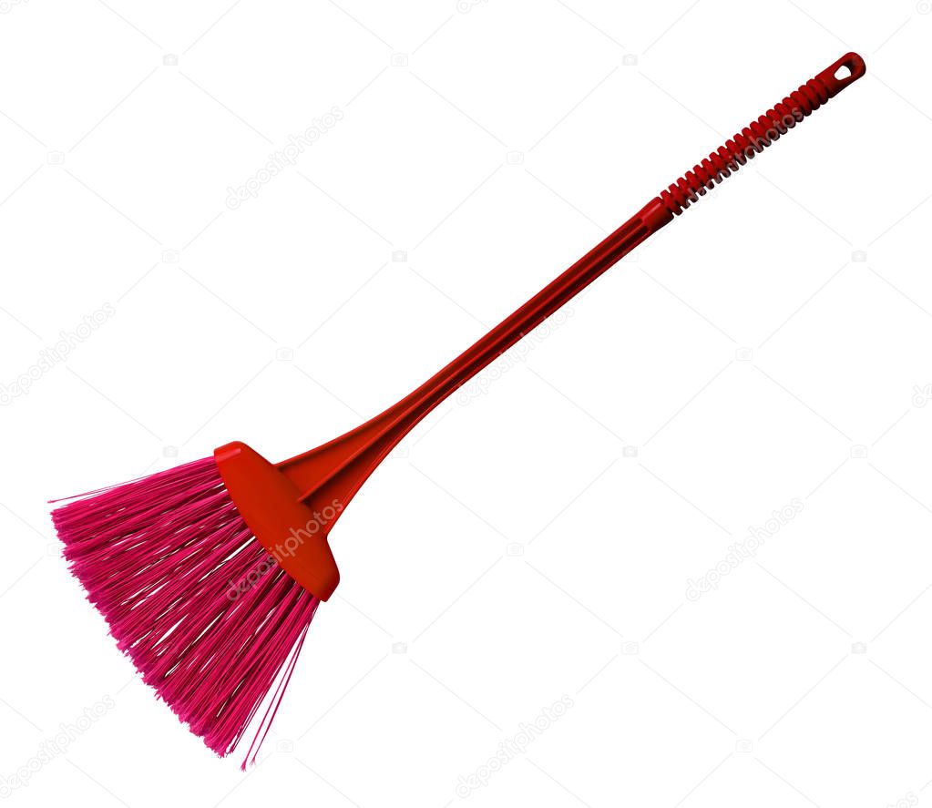 Red plastic broom with long handle isolated on white. Clipping Path included.