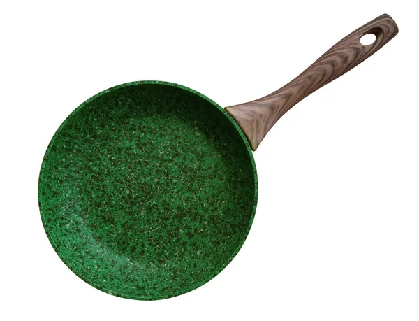 Green Stone Coated Frying Pan Isolated White Clipping Path Included — Stock Photo, Image