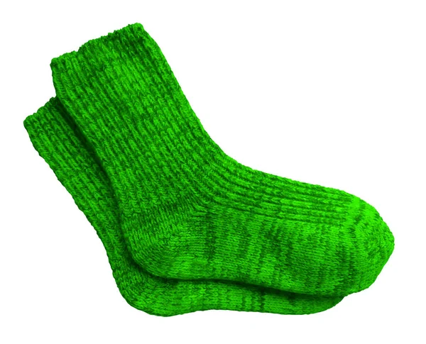 Beyaz Arka Planda Izole Edilmiş Bir Çift Yeşil Yün Çorap — Stok fotoğraf